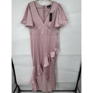 Lulus Eternal Bond Blush Satin Ruffled Flutter Sleeve Maxi Dress Women XL Pink
